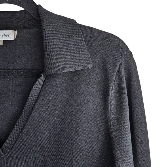 Calvin Klein Knit Long Sleeve V Neck Black Polo Collar Sweater - Picture 3 of 7